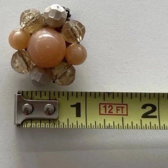 Vintage 1950s Faux Pearl Sea Cream Orange Crystal Cluster Clip on Earrings - Picture 4 of 12